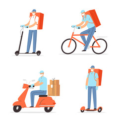 Safe Delivery Concept. Couriers on scooter, moped, bicycle in medical masks and gloves, delivers the package, parcel or food during quarantine. Contact free 24/7 delivery service during Coronavirus