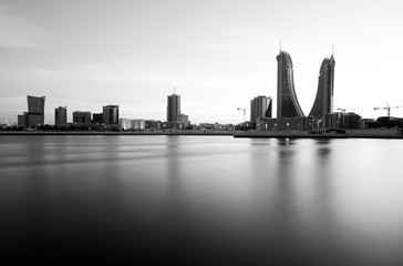 Fototapeta na wymiar The Bahrain Financial Harbour (BFH) commercial buildings are located next to King Faisal Highway