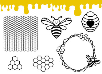 Bee hive and honeycomb pattern. Honey drips border.