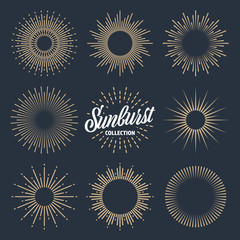Vintage sunburst collection. Bursting sun rays. Fireworks. Logotype or lettering design element. Radial sunset beams. Vector illustration.