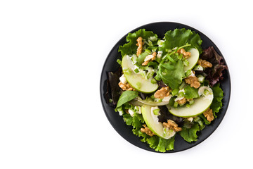 Fresh Waldorf salad with lettuce, green apples, walnuts and celery isolated on white background. Top view. Copy space
