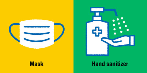 マスク 消毒液 手 ベクター イラスト｜Medical face mask and Hand sanitizer spray vector illustration. Hygiene icon