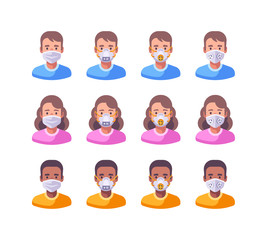 Fototapeta premium Set of characters in different types of face masks. Medical protection flat illustration. Virus prevention icons.