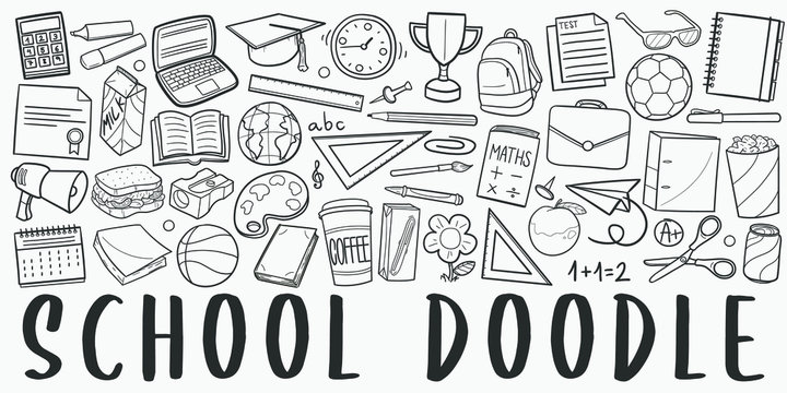 School Doodle Line Art Illustration. Hand Drawn Vector Clip Art. Banner Set Logos.