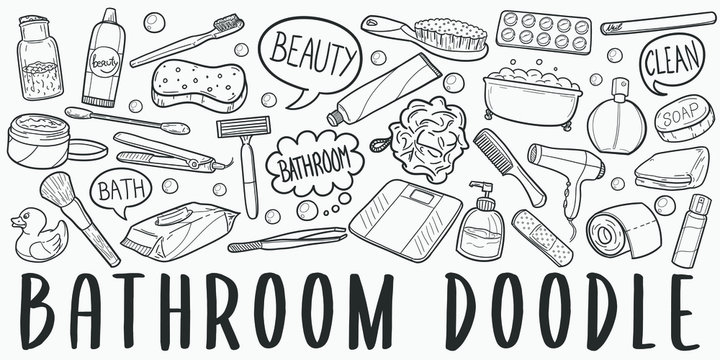 Bathroom Doodle Line Art Illustration. Hand Drawn Vector Clip Art. Banner Set Logos.