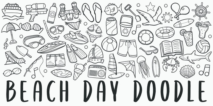 Beach Day Summer Doodle Line Art Illustration. Hand Drawn Vector Clip Art. Banner Set Logos.
