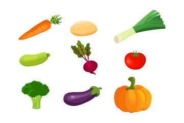 Vector vegetables icons set in cartoon style.