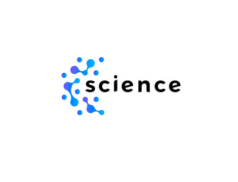 Science discovery logo. Scientific research, genetics laboratory logotype. Nano technology innovation icon. Medical sign. Molecular dna network. Isolated atomic connections vector illustration.