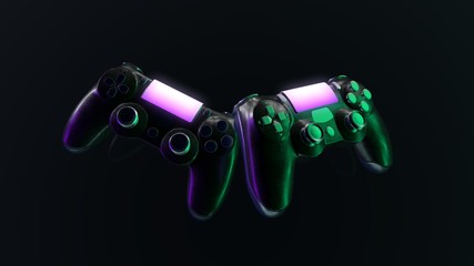 Two neon gamepads. Modern console controller 3d illustration. violet and green © Aleksandra Sova