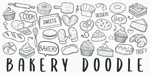 Bakery Pastry Doodle Line Art Illustration. Hand Drawn Vector Clip Art. Banner Set Logos. © josepperianes