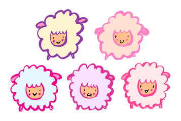 Cute cartoon sheep set. Grunge hand-drawn style. Cartoon funny characters.
