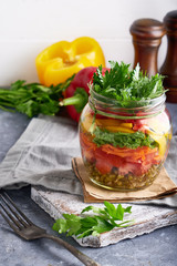 Tasty mason salad in jar. Homemade and healthy food