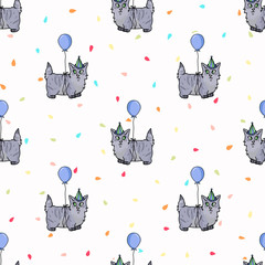 Cute cartoon munchkin kitten with party hat seamless vector pattern. Pedigree kitty breed domestic cat background. Cat lover celebration all over print. EPS 10. 
