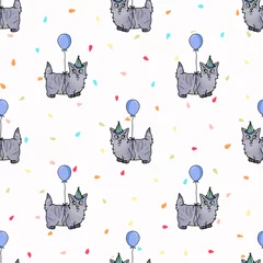 Foto op Plexiglas Dieren met ballon Schattige cartoon munchkin kitten met feestmuts naadloze vector patroon. Ras kat ras binnenlandse kat achtergrond. Kattenliefhebber feest all-over print. EPS-10.