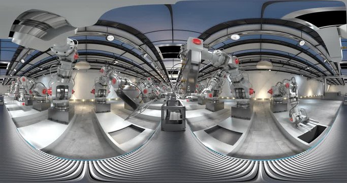 Robotic Arm Assembling 3d Printer On Conveyor Belt. 4K 360 VR animation