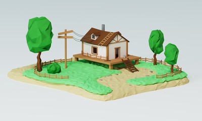 Obraz na płótnie Canvas Landscape with a rural house with trees. Summer house, real estate concept banner. 3D modeling and visualization of a house with a fence isolated on a gray background. 3D rendering illustration.