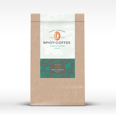 Spicy Coffee Craft Paper Bag Product Label. Abstract Vector Packaging Design Layout with Realistic Shadows. Modern Typography and Hand Drawn Beans and Spices Pattern.