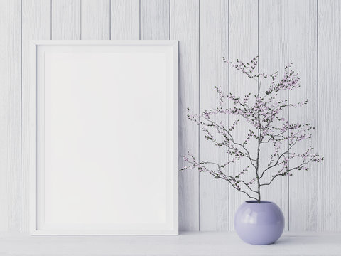 Mockup poster frame close up in coastal style interior with purple flower vase, 3d render