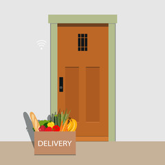 Online Delivery Service concept. Vector illustration of food delivery. Courier holds cardboard box with baguette, bananas, apple, carrot, salad. Delivery home and office
