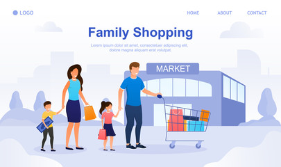 Young attractive couple with two children standing in front of a shopping mall. Happy Family after shopping. Parents bought toys for their children. Perfect for landing, web, banner or ad. Flat Vector