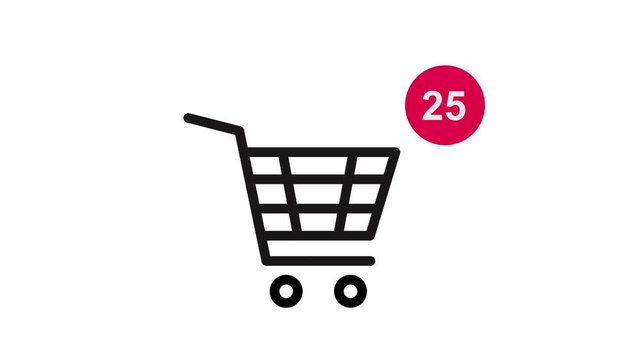 Close up shot animation of shopping cart icon on computer screen with animated counting numbers add online commodity on shopping web page