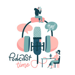 Young people in headset listening to music. Youth in radio studio recording podcast characters. Sound recording equipment, microphone, headset isolated element. Hand drawn flat vector illustration