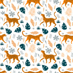Seamless Bright Pattern with Leopard Animal and Bright Tropical Leaves in Vector