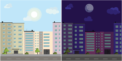 House vector. Day and night flat style modern buildings.