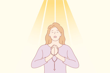 Praying, religion, christianity concept. Young desperate religious woman or girl christian cartoon character praying offering worship with beads. Asking for request faith and God blessing illustration