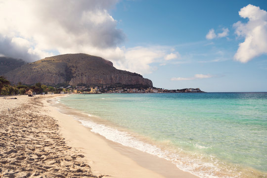 View on Mondello beach in Palermo in Sicily