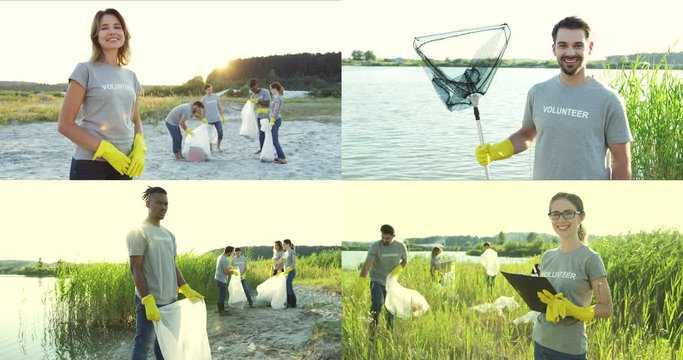 Collage of multiethnic males and females volunteers cleaning up the beach at lake. People taking care of ecology. Girl with papers writing down results of cleaning. Woman and men picking up plastic