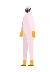 Man with protective suit mask glasses gloves and boots vector design