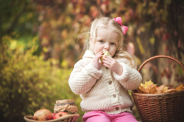 Little cute girl blonde in a light sweater and with a pink bow sits in an autumn park and eats an apple. Near a basket with leaves