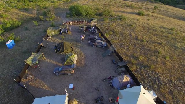Airsoft. Aerial view. United States military base. Funeral of comrade