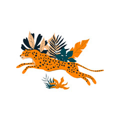 Leopard Jumping Pose in Jungle Among Bright Foliage with Palm Leaves and Plants Vector Illustration
