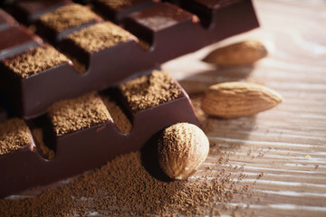 Chocolate with nuts close-up narrow zone of sharpness