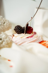 Meringue fruit cake garnished with cream and berries of cherries, blackberries and strawberries, among lilac flowers and green leaves. Food photography. Advertising and commercial close up design.