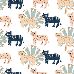 Seamless cute pattern with leopard and palm leafs. Modern wrapping paper summer design.