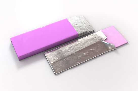 A non branded bubble gum packaging with a pink wrapper and four foiled sticks of gum protruding out - 3D render
