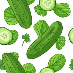 Seamless design food green pattern. Wallpaper with vegetable organic food. Backdrop for textile design with cucumber, spinach and parsley. Wallpaper for vegetarian cafe. Healthy food cover. Vector.