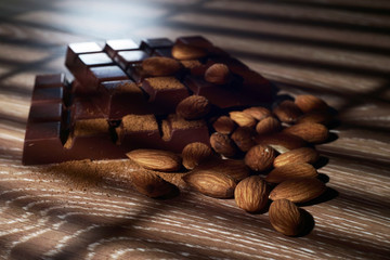 Chocolate with nuts close-up narrow zone of sharpness