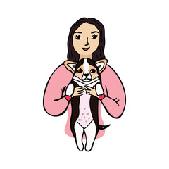 Girl with dog in his hands. Happy domestic animal. Hand drawn illustration isolated on white background. International Homeless Animals Day.