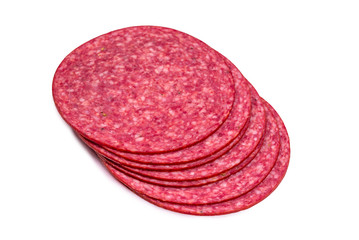 Tasty salami slices isolated on white