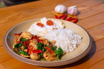 Stir fried Minced pork with basil,fast food Thai Style food. Thailand street food. Thailand's national dishes, Thai name is Pad kra prao Mou. famous food in Thailand