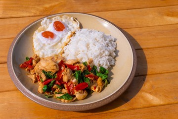 Stir fried Minced pork with basil,fast food Thai Style food. Thailand street food. Thailand's national dishes, Thai name is Pad kra prao Mou. famous food in Thailand