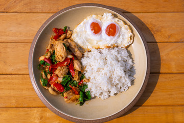 Stir fried Minced pork with basil,fast food Thai Style food. Thailand street food. Thailand's national dishes, Thai name is Pad kra prao Mou. famous food in Thailand