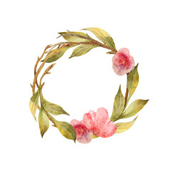 Fototapeta premium Watercolor boho floral wreath. Bohemian natural frame leaves, flowers, Isolated on white background. Decoration illustration. Save the date, wedding design
