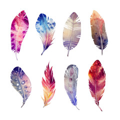 Watercolor illustration. Set of bright multicolored feathers. Boho