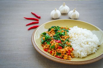 Stir fried Minced pork with basil,fast food Thai Style food. Thailand street food. Thailand's national dishes, Thai name is Pad kra prao Mou. famous food in Thailand