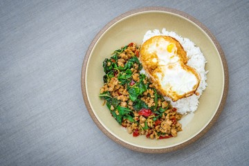 Stir fried Minced pork with basil,fast food Thai Style food. Thailand street food. Thailand's national dishes, Thai name is Pad kra prao Mou. famous food in Thailand
